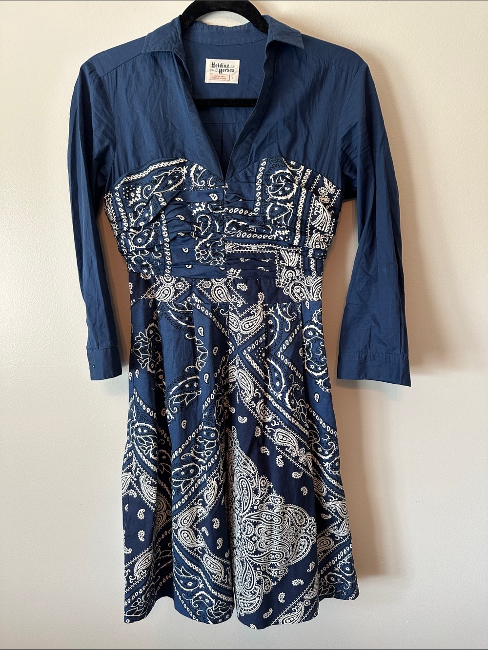 HOLDING HORSES Navy & White Paisley Button-Front Fit-and-Flare Midi Dress